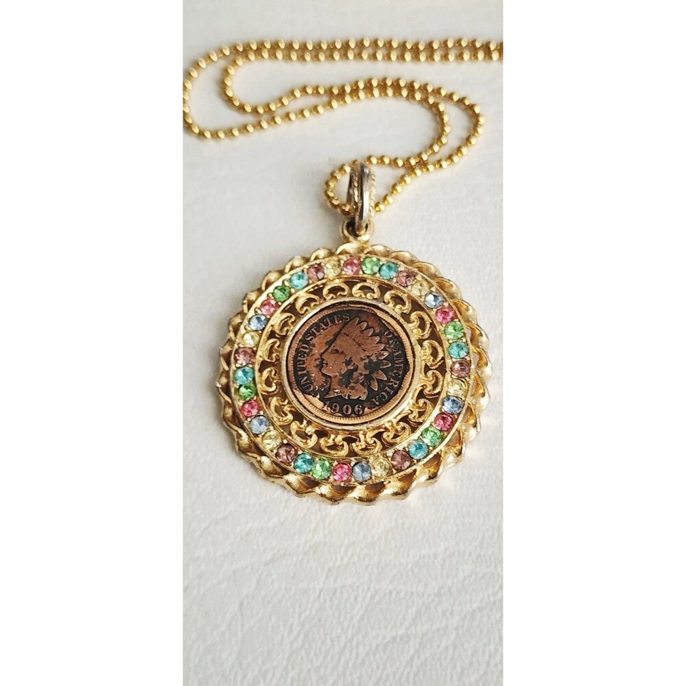 Vintage Indian Head Penny Pendant Necklace Gold Tone Rhinestone Accents